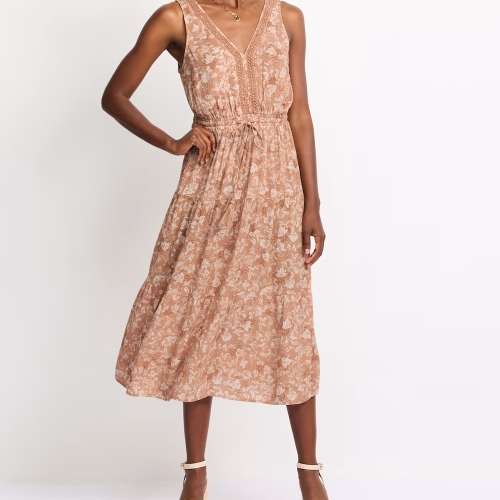 Lucky Brand Floral Midi Dress in Tan